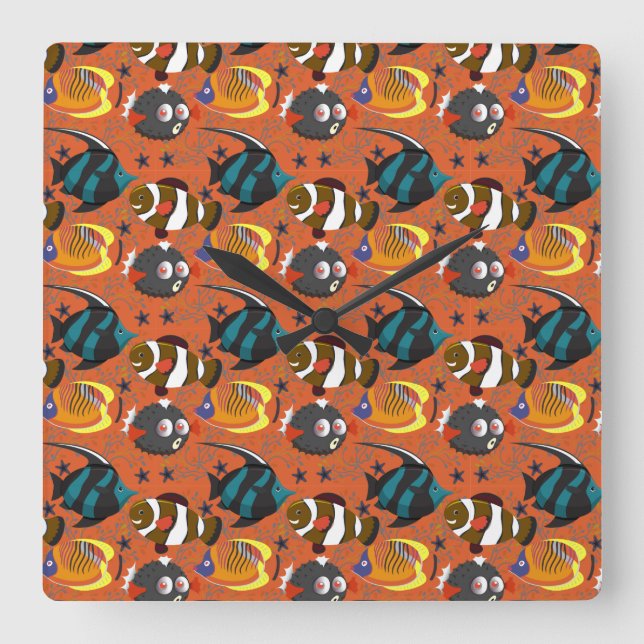 Aquatic animals pattern | ocean underwater life 42 square wall clock (Front)