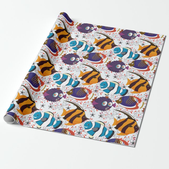 Aquatic animals pattern | ocean underwater life 44 wrapping paper (Unrolled)