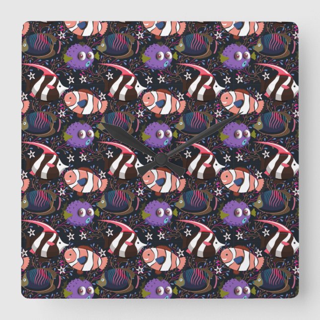 Aquatic animals pattern | ocean underwater life 47 square wall clock (Front)