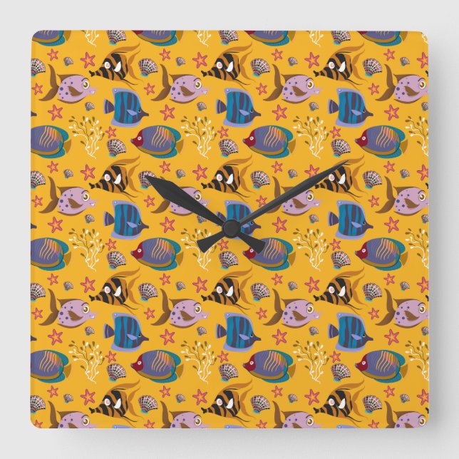 Aquatic animals pattern | ocean underwater life 6 square wall clock (Front)