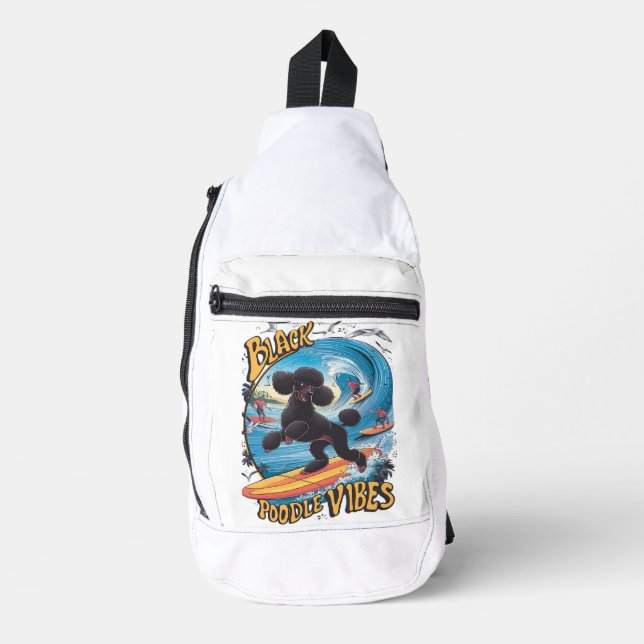 Aquatic Black Poodle: Surfing the Big Wave Sling Bag (Front)