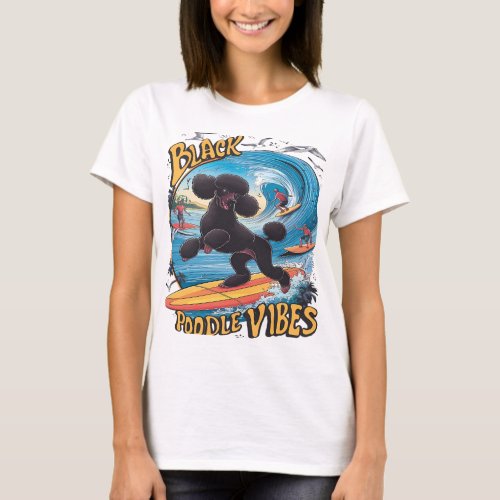 Aquatic Black Poodle Surfing the Big Wave T_Shirt