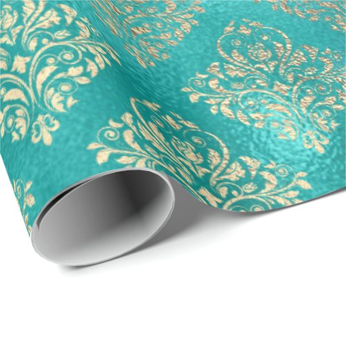 Aquatic Blue Gold Shiny Glass Damask Wrapping Paper