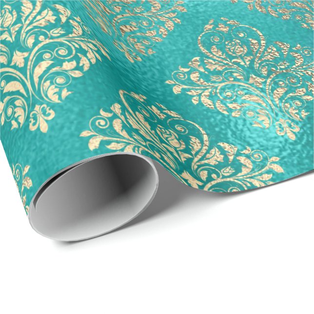 Aquatic Blue Gold Shiny Glass Damask Wrapping Paper (Roll Corner)