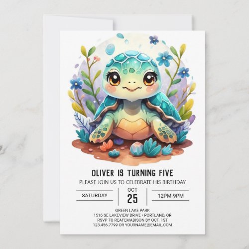 Aquatic Digital Whimsy Turtle Boy Birthday Invitation