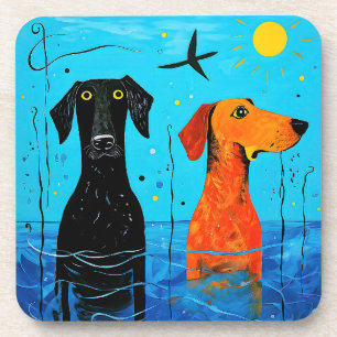 "Aquatic Duo of Joy" -  Surreal Colourful Dogs     Beverage Coaster