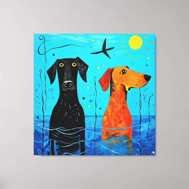 "Aquatic Duo of Joy" -  Surreal Colourful Dogs     Canvas Print (Front)