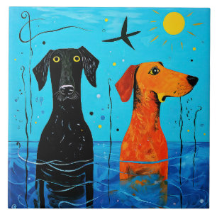 "Aquatic Duo of Joy" -  Surreal Colourful Dogs     Ceramic Tile