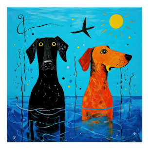 "Aquatic Duo of Joy" - Surreal Colourful Dogs Poster