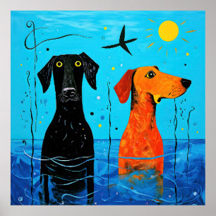 "Aquatic Duo of Joy" - Surreal Colourful Dogs Poster