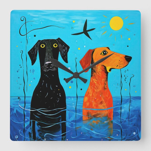 "Aquatic Duo of Joy" -  Surreal Colourful Dogs     Square Wall Clock (Front)