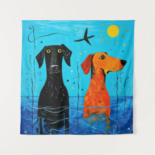 "Aquatic Duo of Joy" - Surreal Colourful Dogs Tapestry