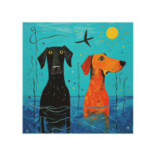 "Aquatic Duo of Joy" - Surreal Colourful Dogs Wood Wall Art
