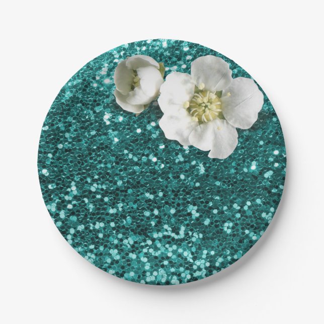 Aquatic Emerald Floral White Jasmine Glitter Paper Plates (Front)