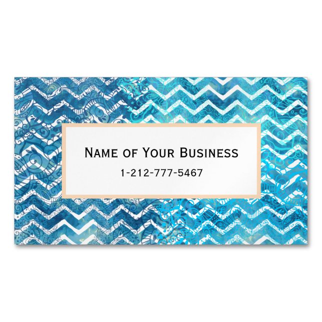 Aquatic Fantasy Blue and Aqua Chevron ZigZags Business Card Magnet (Front)