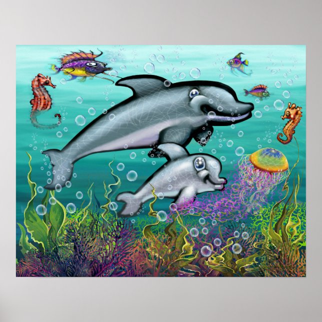 Aquatic Fantasy Scene with Dolphins Poster (Front)