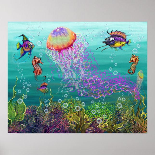 Aquatic Fantasy Scene with Jellyfish Poster (Front)