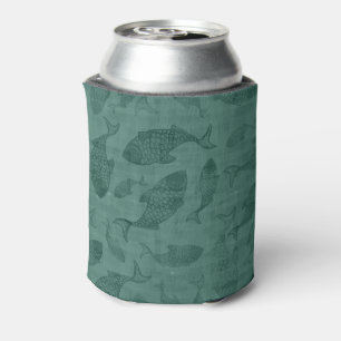 Aquatic Fish Stencil Art Teal Bokeh Pattern Can Cooler