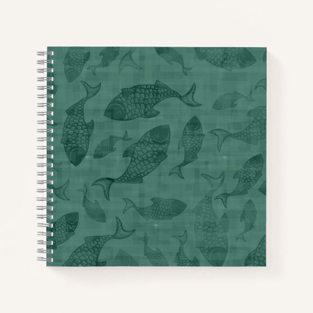 Aquatic Fish Stencil Art Teal Bokeh Pattern Notebook (Front)