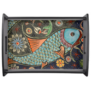 Aquatic Life Artistic Orient Ceramic Tiles Serving Tray