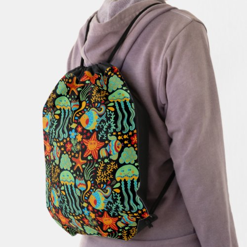 Aquatic Life Cartoon Style Drawstring Bag