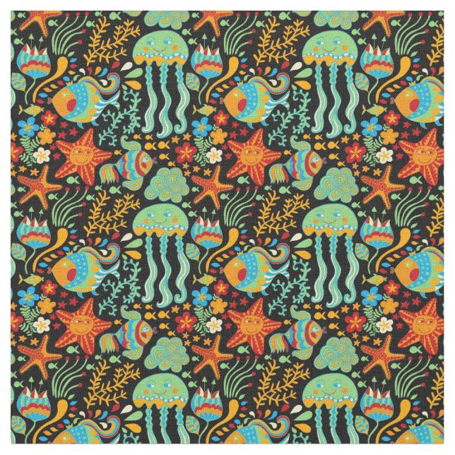 Aquatic Life Cartoon Style Fabric (Close Up)