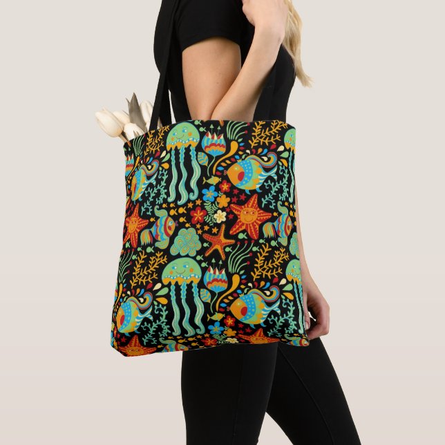 Aquatic Life Cartoon Style Tote Bag (Close Up)