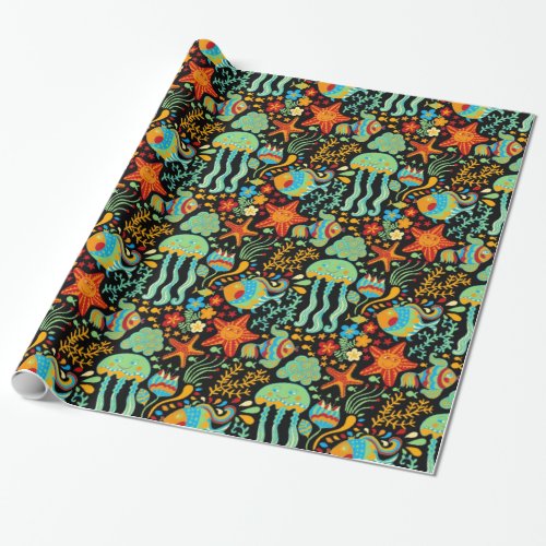 Aquatic Life Cartoon Style Wrapping Paper