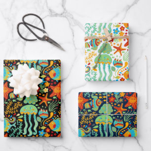 Aquatic Life Cartoon Style Wrapping Paper Sheets