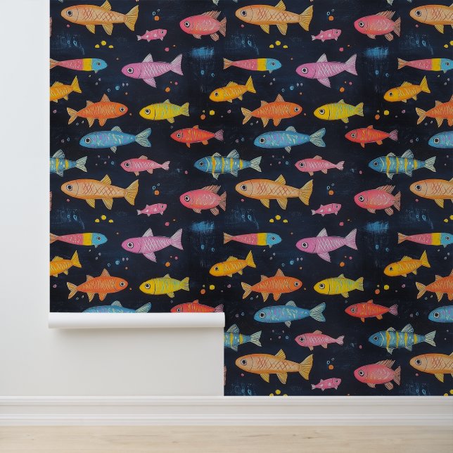 Aquatic Life Colorful Fish Chalk Drawing Pattern  Wallpaper (Application)