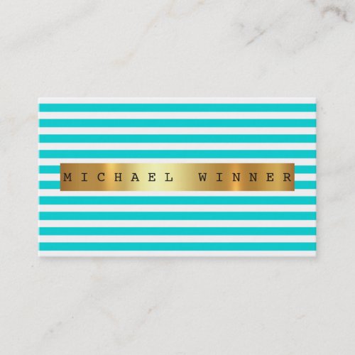 Aquatic Mint Blue White Stripes Vip Golden Foil Business Card