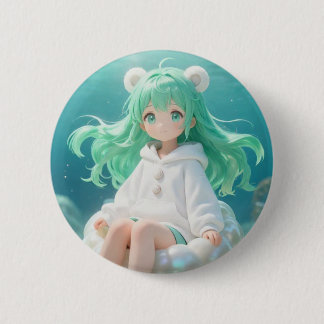 Aquatic Mint: Kawaii Girl in White Hoodie on Iride Button