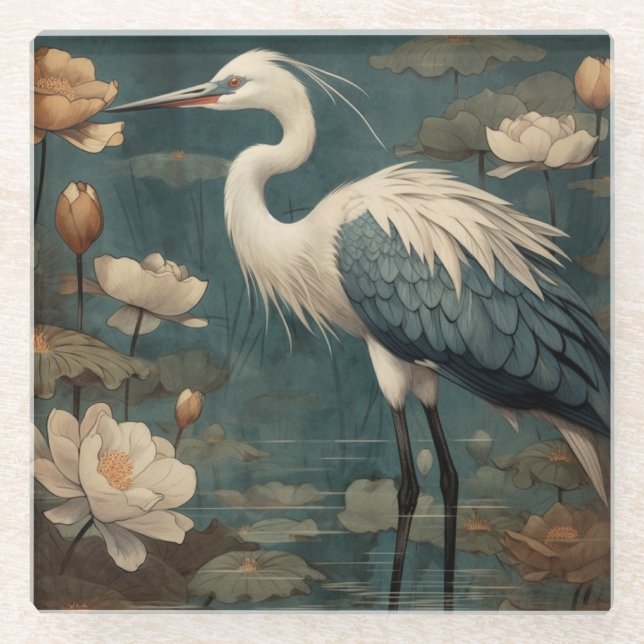 Aquatic Reflection & Wading Crane Botanical Glass Coaster (Front)