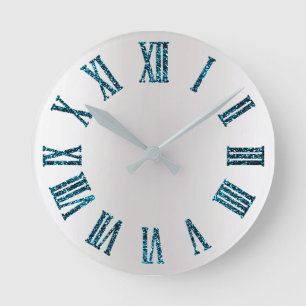 Aquatic Teal Glitter Gray Silver Minimal Metallic Round Clock