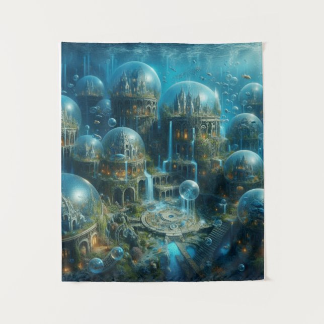 “Aquatic Utopia: Enchanted Underwater Cityscape” D Tapestry (Front)