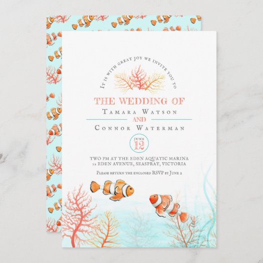 Aquatic wedding coral and clown fish watercolor invitation