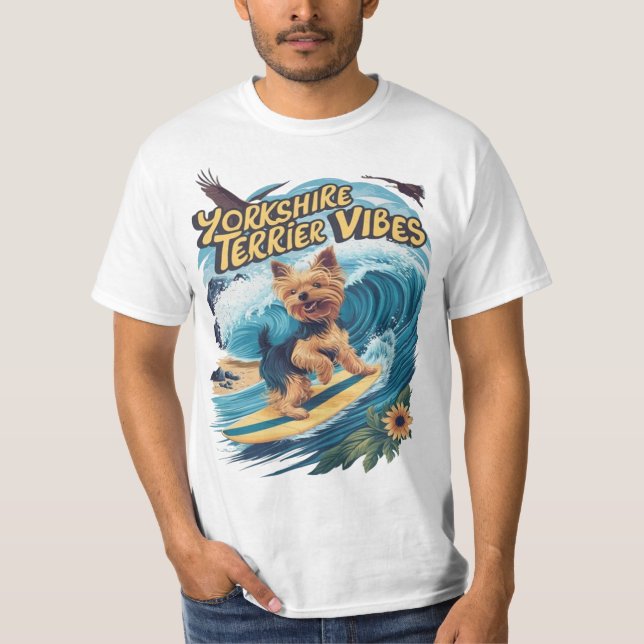 Aquatic Yorkshire Terrier Surfing the Wave T-Shirt (Front)