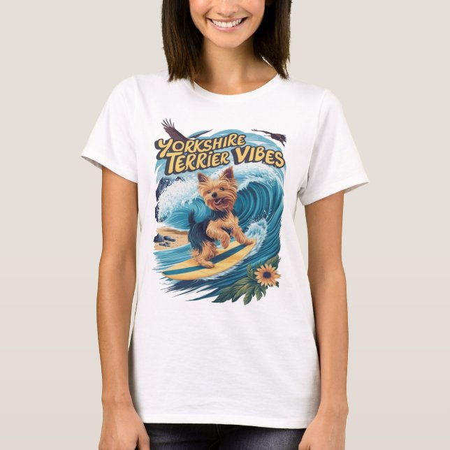 Aquatic Yorkshire Terrier Surfing the Wave T-Shirt (Front)