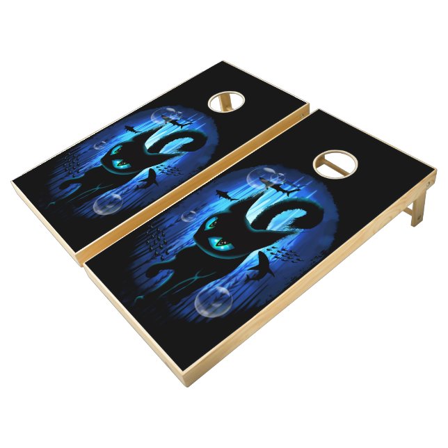 Aquaticat - Surreal Cat in Deep Ocean Fantasy Cornhole Set (Angled)