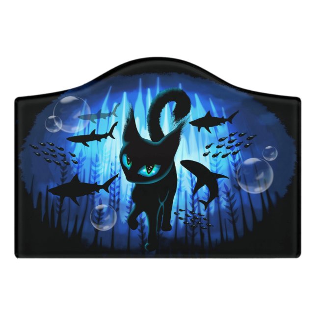 Aquaticat - Surreal Cat in Deep Ocean Fantasy Door Sign (Small Crest Front)