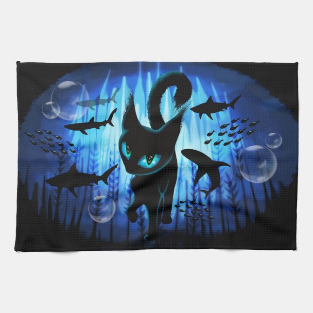 Aquaticat - Surreal Cat in Deep Ocean Fantasy Kitchen Towel (Horizontal)
