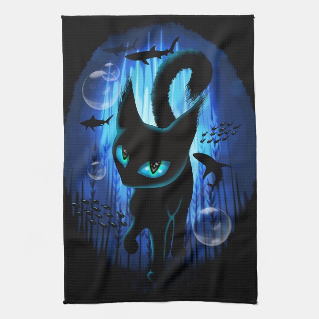 Aquaticat - Surreal Cat in Deep Ocean Fantasy Kitchen Towel (Vertical)