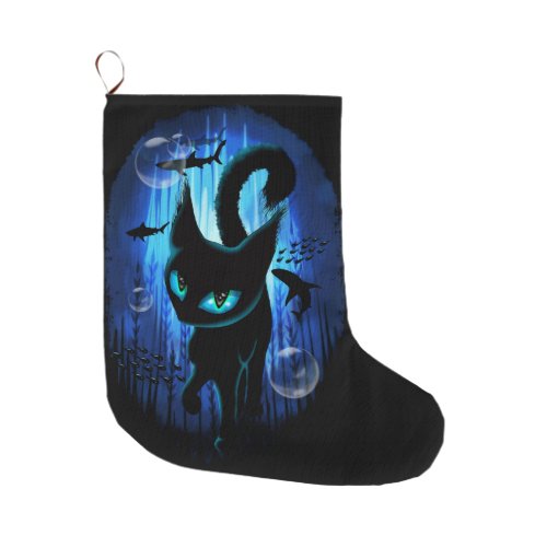 Aquaticat _ Surreal Cat in Deep Ocean Fantasy Large Christmas Stocking