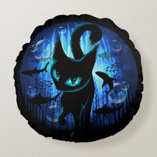 Aquaticat - Surreal Cat in Deep Ocean Fantasy Round Pillow