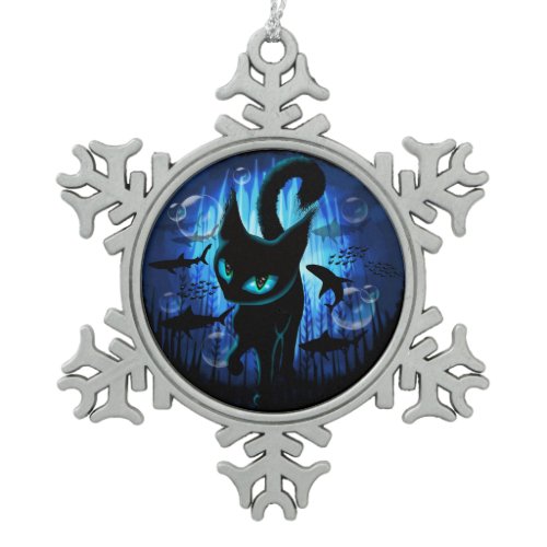 Aquaticat - Surreal Cat in Deep Ocean Fantasy Snowflake Pewter Christmas Ornament