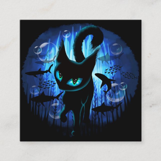 Aquaticat - Surreal Cat in Deep Ocean Fantasy Square Business Card (Front)