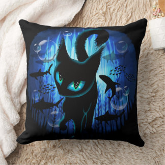 Aquaticat - Surreal Cat in Deep Ocean Fantasy Throw Pillow