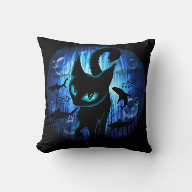 Aquaticat - Surreal Cat in Deep Ocean Fantasy Throw Pillow (Front)