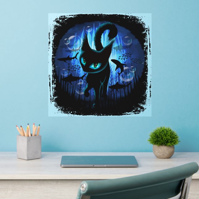 Aquaticat - Surreal Cat in Deep Ocean Fantasy Wall Decal (Home Office 2)