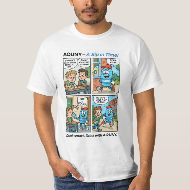 AQUNY – A Sip in Time! Funny Hydration Hero Comic  T-Shirt (Front)